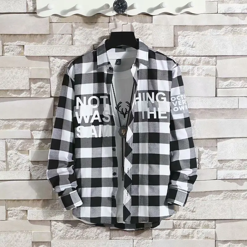 

Летняя свободная тонкая мужская рубашка в клетку в корейском винтажном стиле для студентов, молодежная верхняя одежда с квадратным воротником и принтом