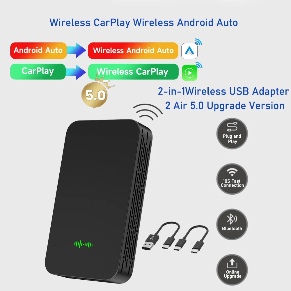 CarlinKit 5.0 2AIR bezprzewodowy Adapter USB CarPlay Android Auto Wireless Box dla Mazda Toyota Mercedes Peugeot Volvo Kia 4 w 1 pudełku