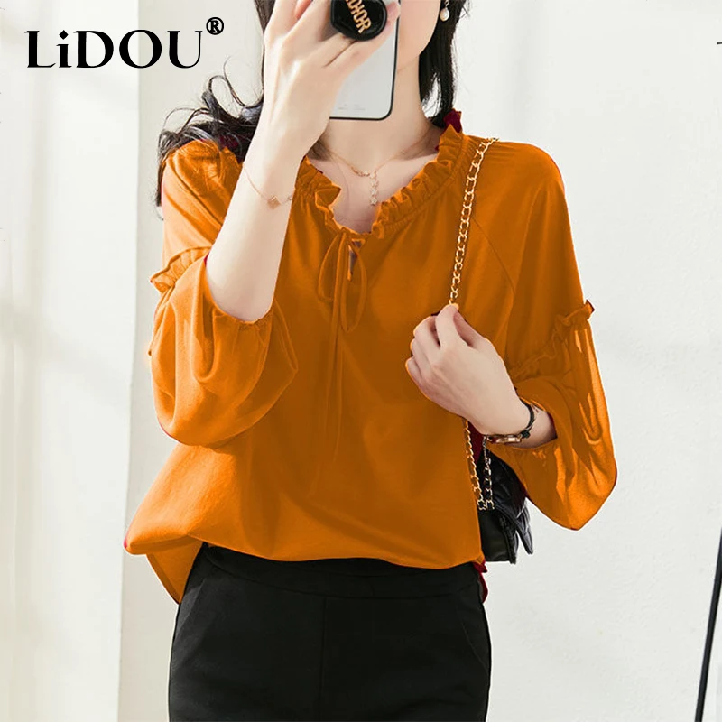 Spring Autumn Women's Ruffles Lace Up Loose Casual Pullover Chiffon Shirt Oversized Lantern Long Sleeve Blusa All-match Blouse