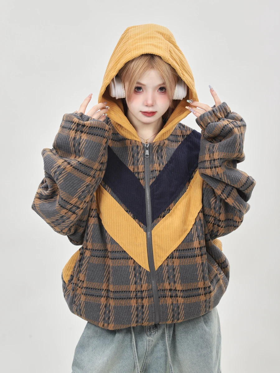 Jacket women's loose color matching autumn and winter plaid woolen padded warm overcoat hooded embroidery fashionable versatile