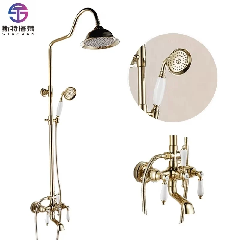 

Vintage French Dual Handle Telephone Faucet Hot & Cold Brass Shower Set with Chrome Bathtub & Shower Head Copper & Gold Finish