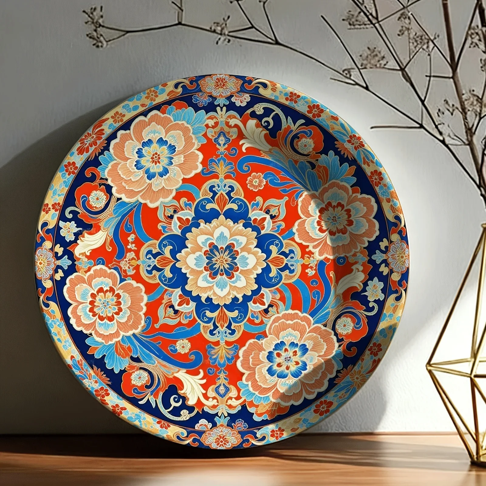 Single Decorative Plate with Symmetrical Floral Golden Line Design, Non-Food Contact Ceramic Wall Art, Suitable for Home,
