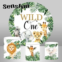 Green Leaves Safari Jungle Wild One Party Round Backdrop Animals Kids 1st Birthday Plinth Covers Customized