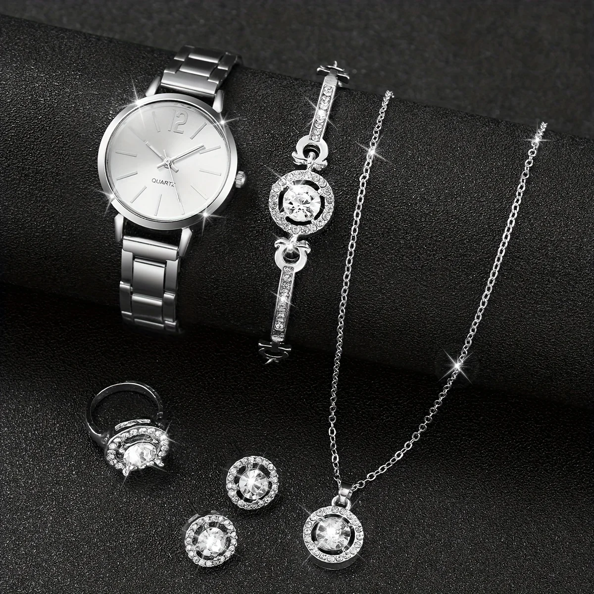 Reloj y joyería de cuarzo elegante para mujer, conjunto de 6 piezas, elegante banda de acero, regalo perfecto para ella