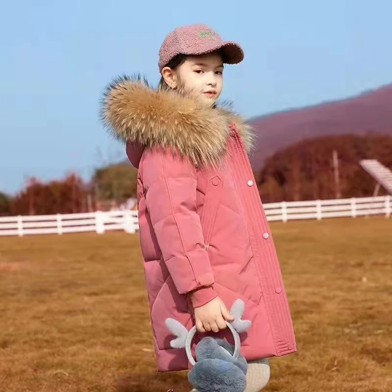 Girls Winter Outerwear Casual Cotton Fur Collar Hooded Clothes Kids Thicken Warm Parkas Children Solid Colour Fashion Jackets