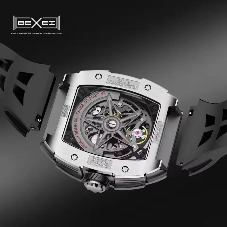 BEXEI New Men Automatic Mechanical Watches Diamond Bezel Men Watch Rubber Band Fashion Skeleton luminous Watches Sapphire Glass - Image 3