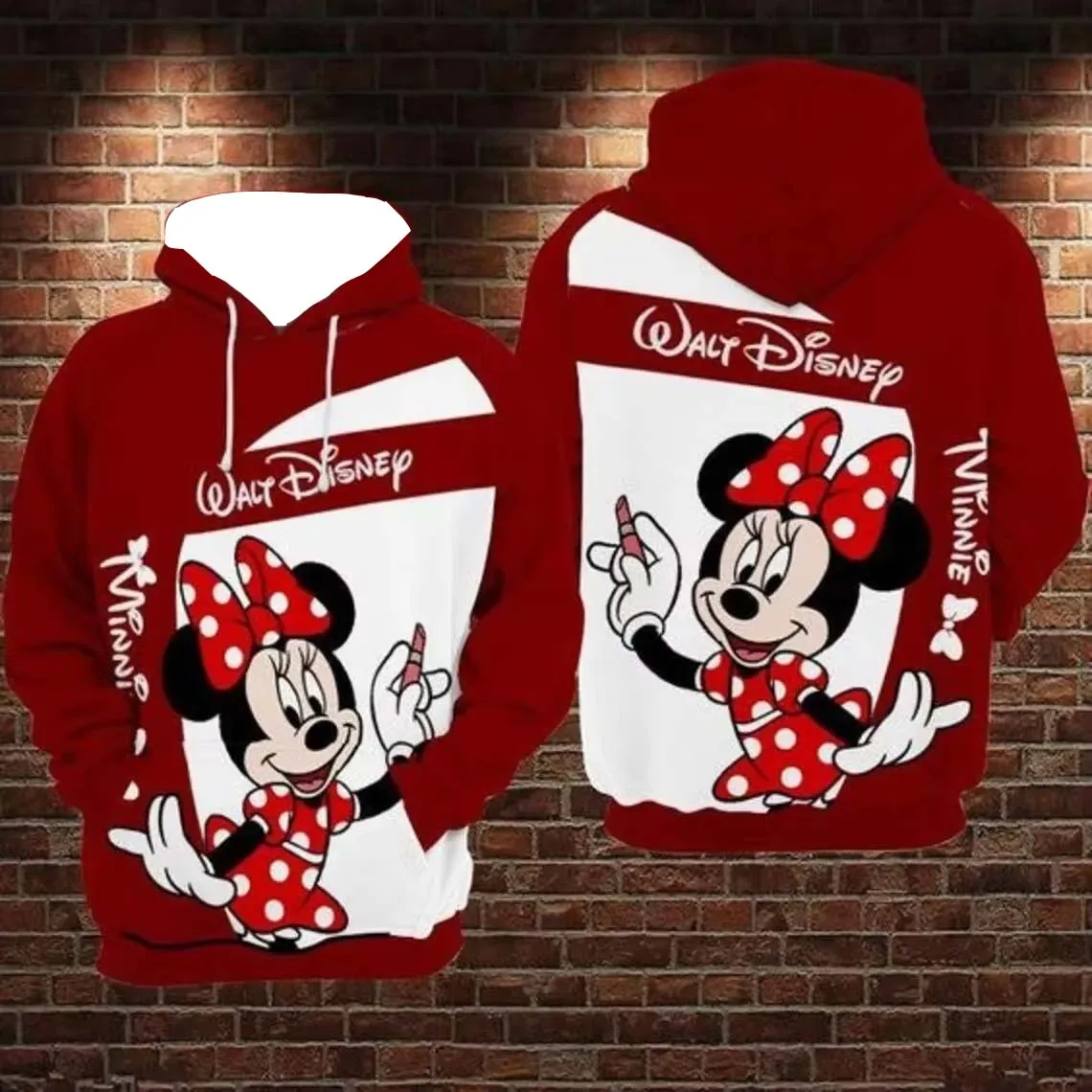 (MINISO)Disney Minnie Mouse 3D Print Hoodie Mens Womens Casual Sports Pullover Hoodie Cartoon Zipper Hoodie Fashion Streetwear