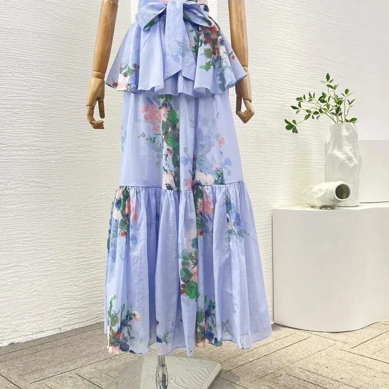 Women Summer Dress Beach Style New Pure Cotton Sleeveless Floral Print Pleats Design Cut Out Shirred Frill Women Midi Dresses