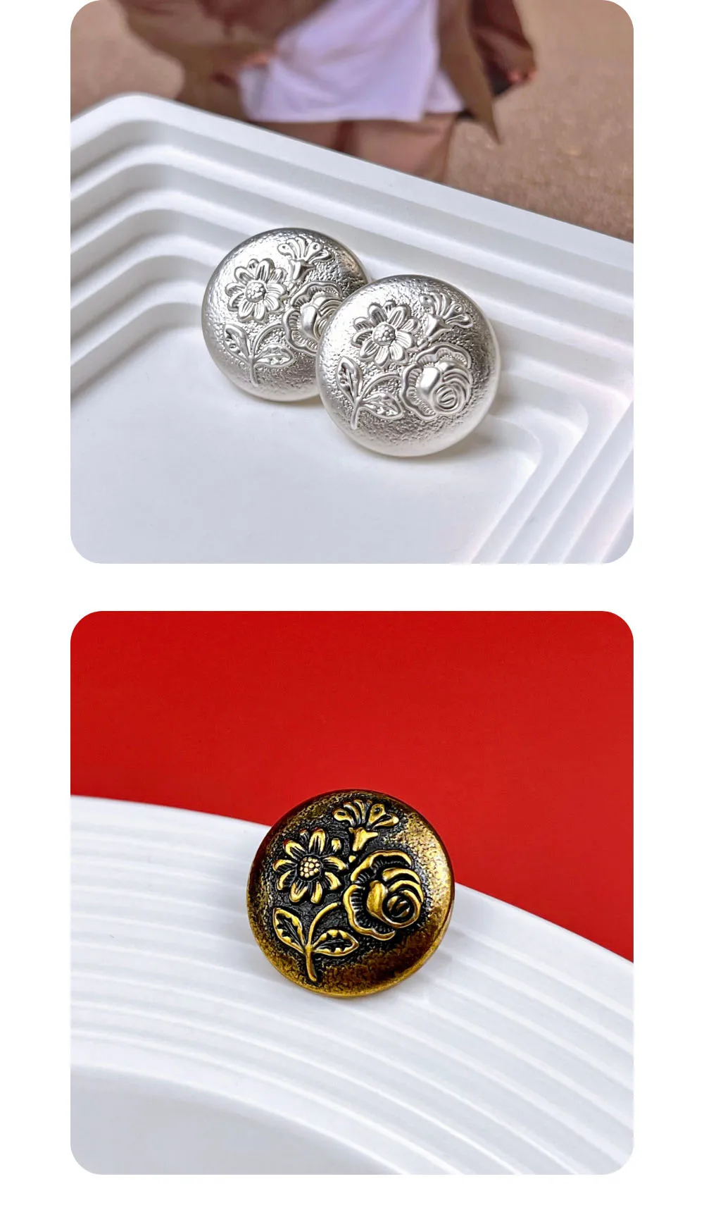 10 Stück Metallknöpfe zum Nähen, dekorative hochwertige Knöpfe für DIY-Bastelarbeiten, Kleidungszubehör, Schnitzblumen-Knöpfe, 18 mm/23 mm – Detail 5