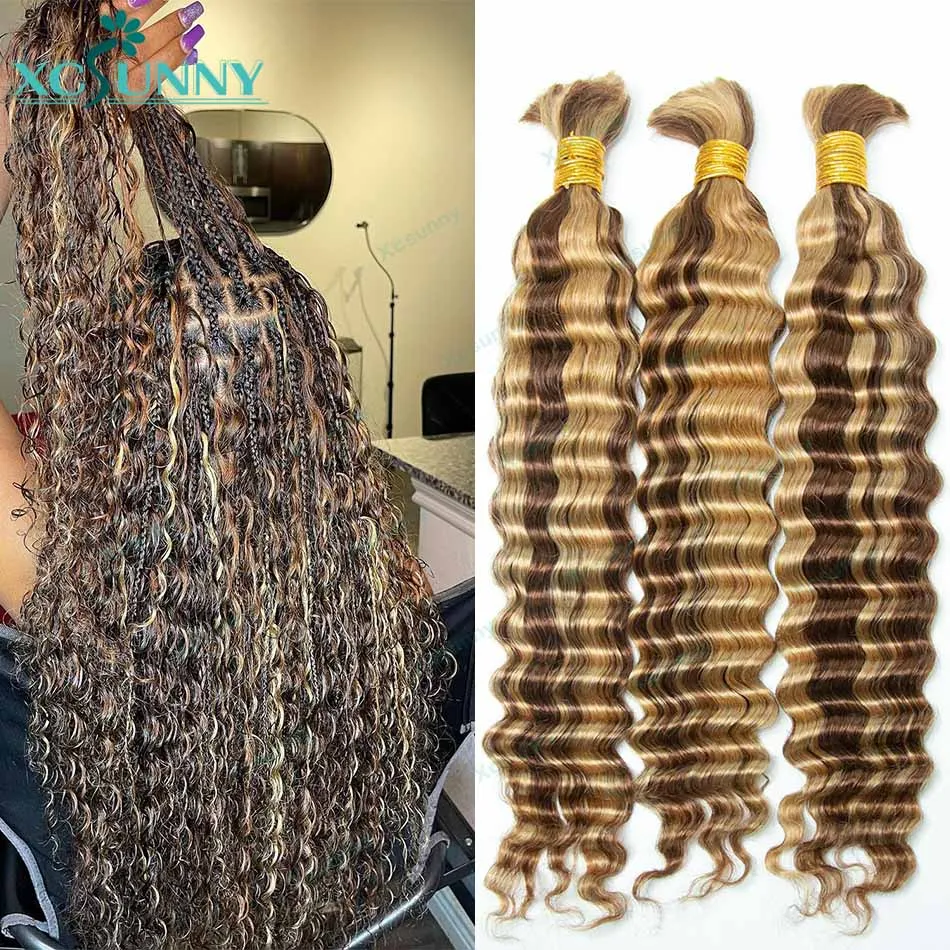 

Deep Wave Bulk Human Hair For Braiding Highlight Color 30 27 Double Drawn Boho Braids Human Hair Extensions Bundles No Weft