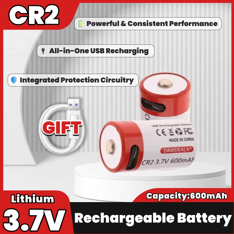 

USB C Rechargeable CR2 3.7V Lithium Battery for Camera, Range Finder, Disc Brake Lock, SP-1 Printer + Free Cable