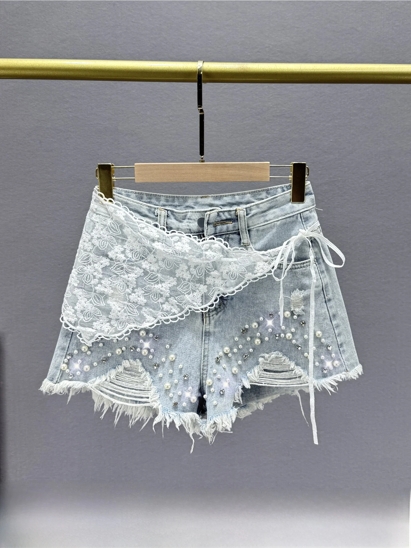 

High Waist Denim orts Women's Trendy Summer New Hole Wide Leg Diamond Embellied ort Pants Casual Wear Blue Jeans