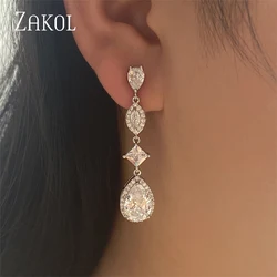 ZAKOL New Luxury Water Drop Cubic Zirconia Shiny Stone Pendant Long Dangle Earrings for Women Wedding Party Jewelry EP5054