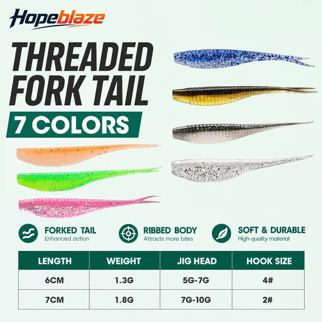 Hopeblaze PVC Threaded Fork Tail Soft Lure 6cm 7cm Hidden Hook Slot Reflective Fishing Bait for Judy Fish Bass Pike Grouper