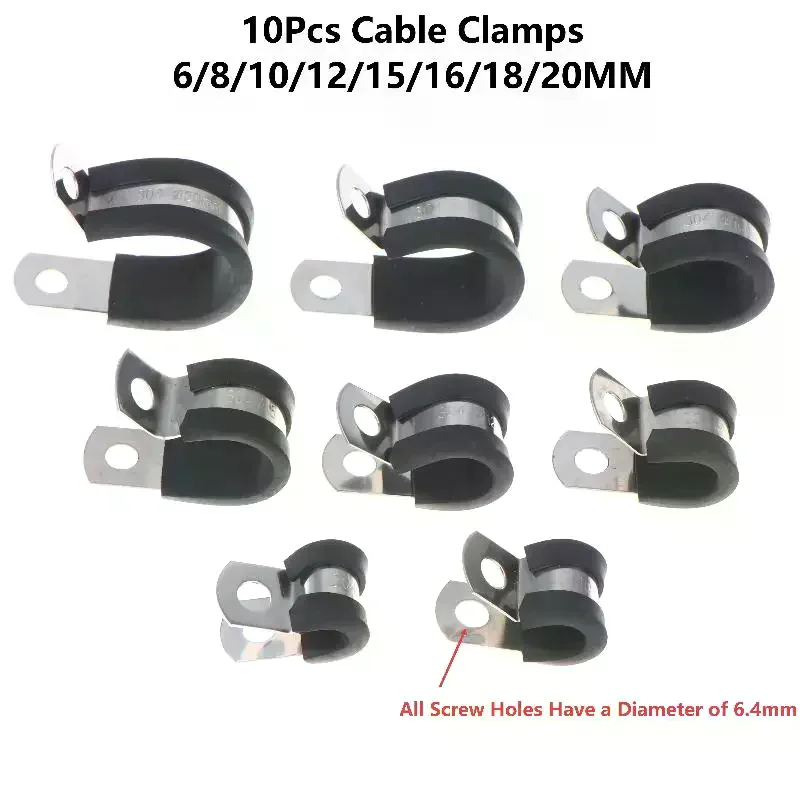 10Pcs 6-20MM Stainless Steel Cable Clamps Rubber Cushion Cushioned Insulated Wire Line Tube Pipe Fixed Bracket Metal Clip