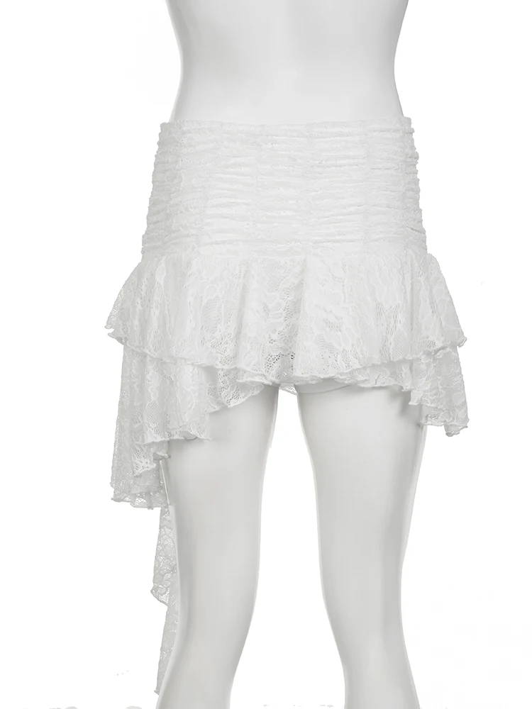 IAMSURE Vintage Lace Asymmetrical Skirts With Shorts Sexy Slim Mid-Waisted Mini Skirts Women 2024 Summer Fashion Streetwear Lady