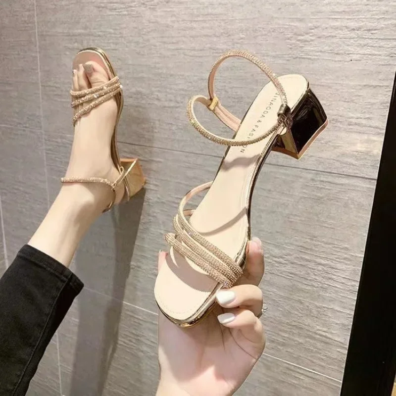 Sandales à Talons Hauts avec Strass pour Femme, Chaussures d'Extérieur Décontractées et Ouvertes, Nouvelle Collection Été 2024