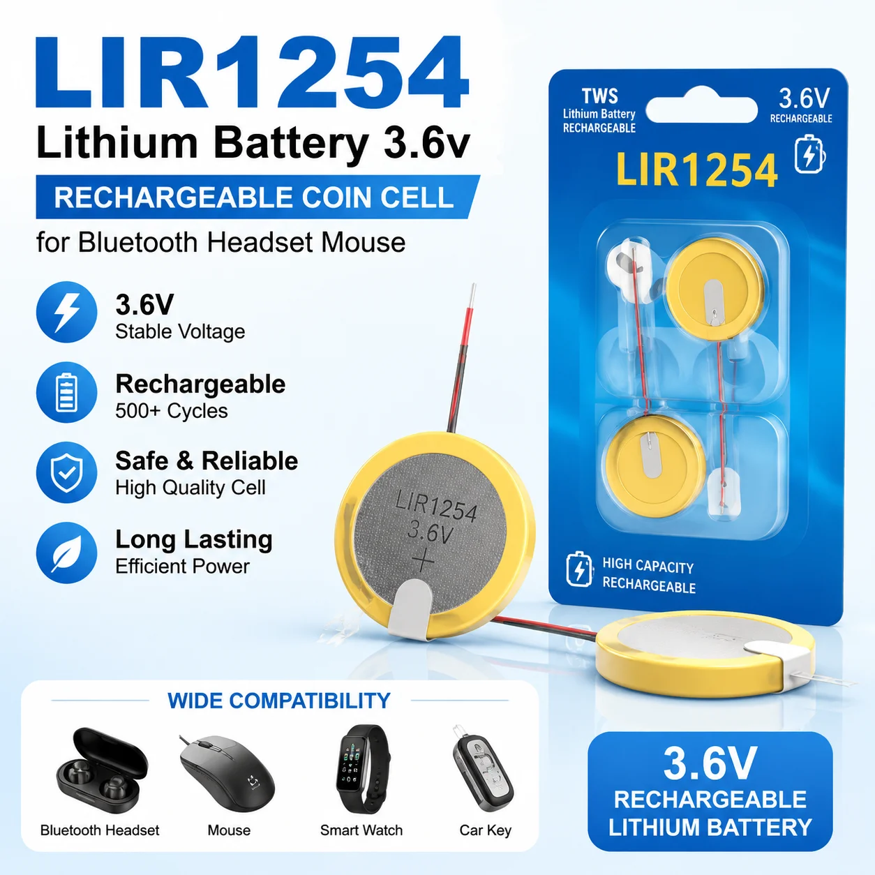LIR1254 Lithium Battery 3.6v Rechargeable Coin Cell for Bluetooth Headset Mouse Welding Wire