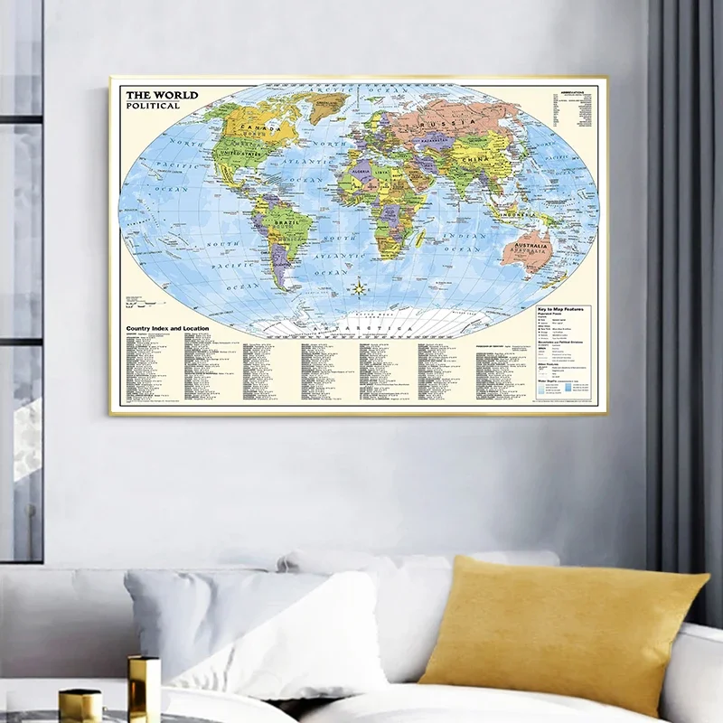 O mapa do mundo 150*100cm com índice e localização do país pintura em tela não tecida arte da parede cartaz casa escola fornecimento mapa de viagem