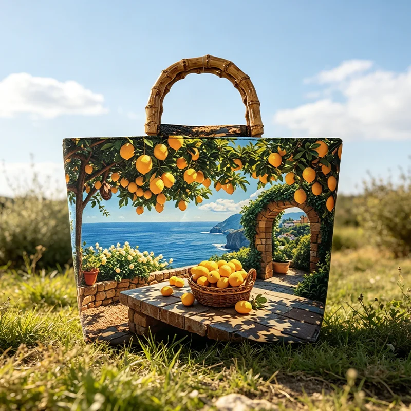 Sicilian Coast Lemon Orchard Print Ladies Tote Bag with Faux Bamboo Handle, Casual Faux Bamboo Handle Bag