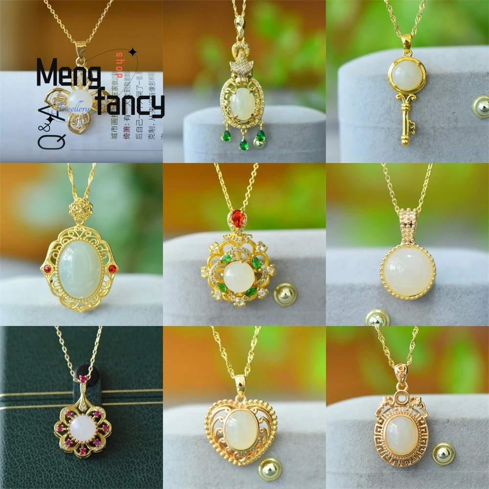 Copper Inlay Natural Hetian White Jade Pigeon Egg Heart-shaped Pendant Clavicle Chain Couple Fashion Charm Jewelry Holiday Gifts