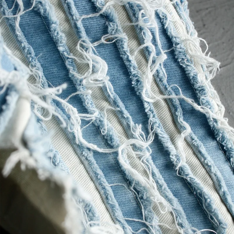 Ragged Floral Fringe Blue Denim Fabric Transforming Pants Jackets Into Vintage Clothing Designer Fabrics for Diy Sewing