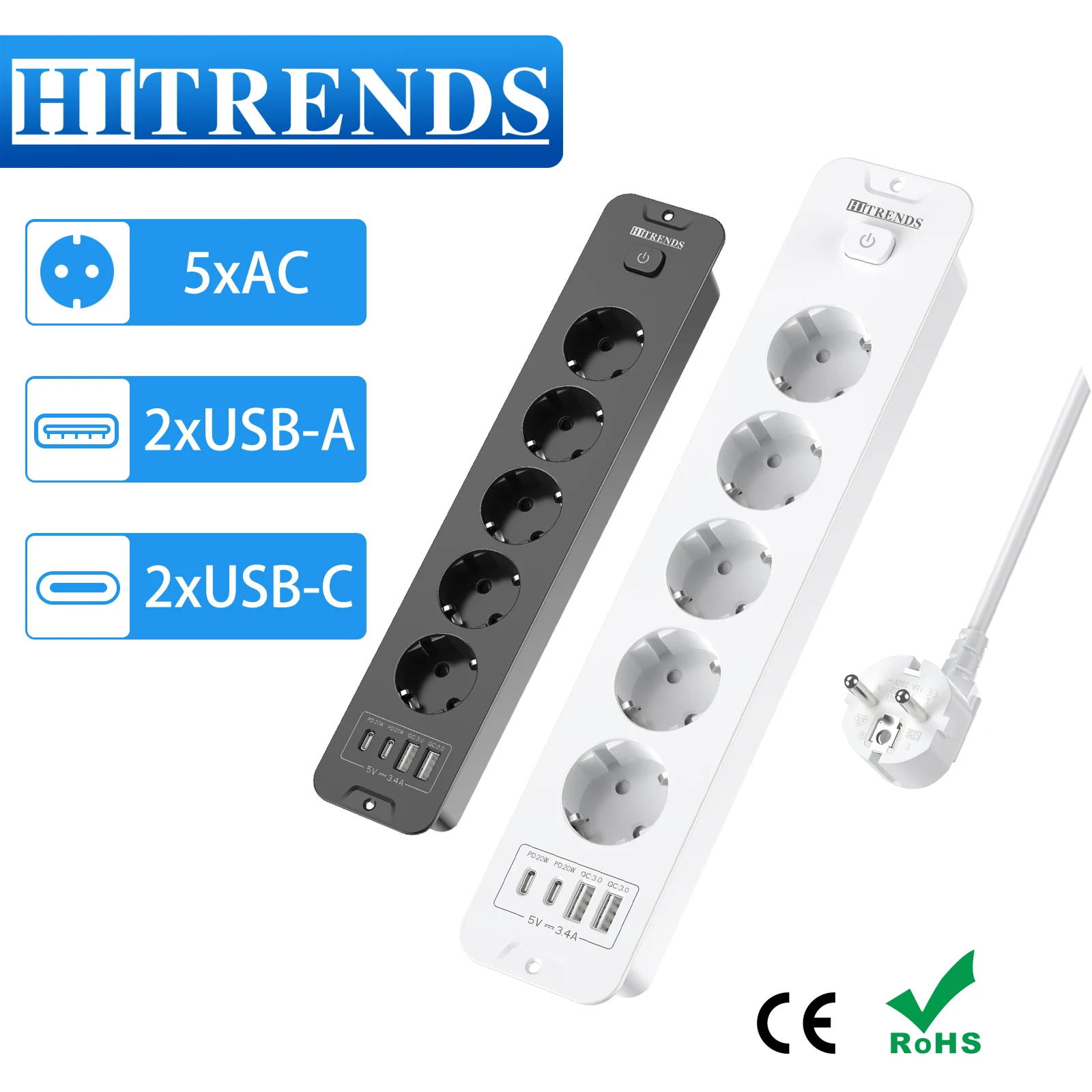 5AC Desktop Embedded Socket bulit in Power Strip with 2 USB-A 2 Type-C PD20W charging, multi plug socket 2m cable for home