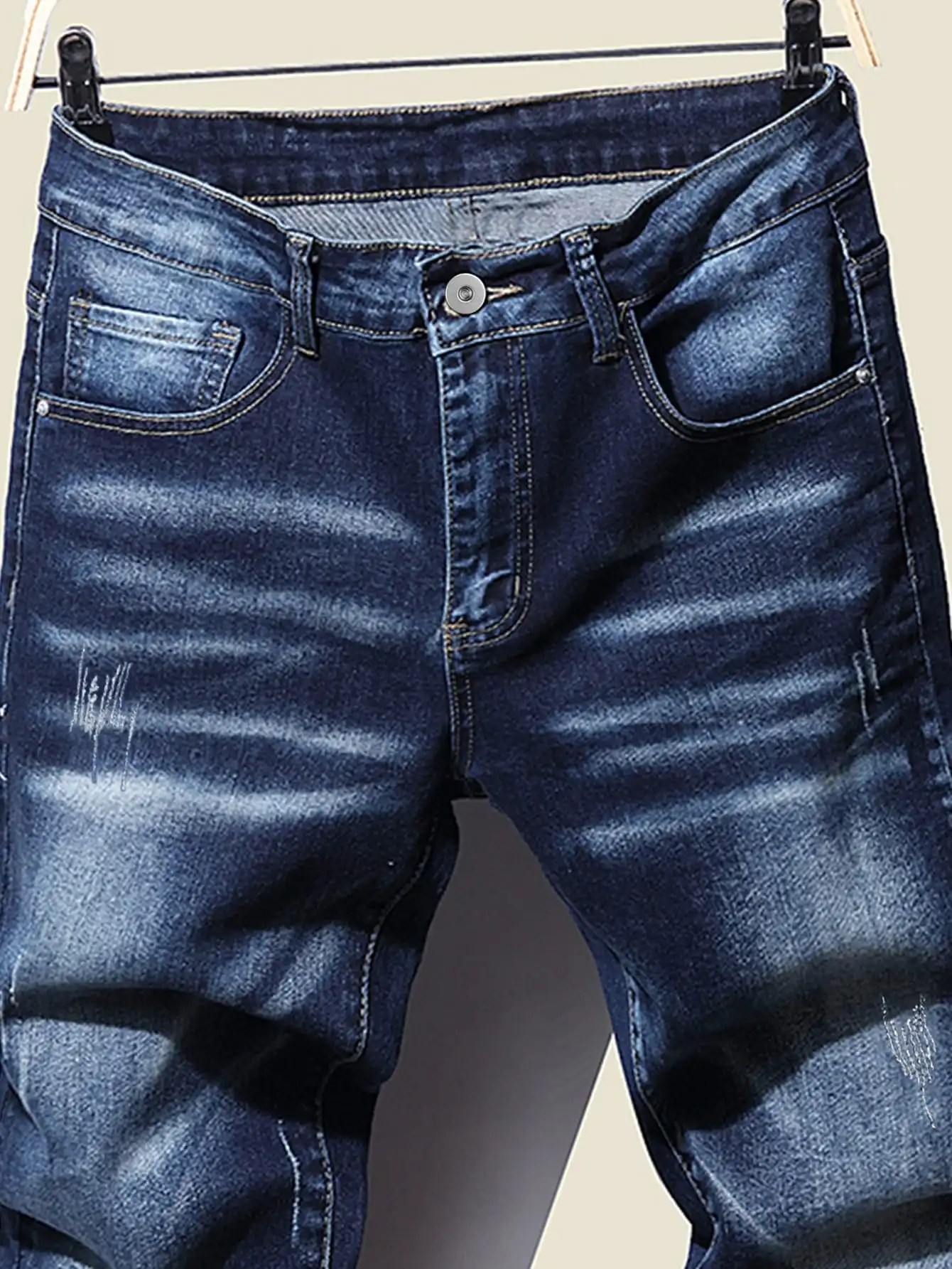Men's High Stretch Washed Distressed Jeans Vintage Scratch Faded Denim Pants Roll‑Up Cuff Skinny Slim Fit Casual Long Trousers