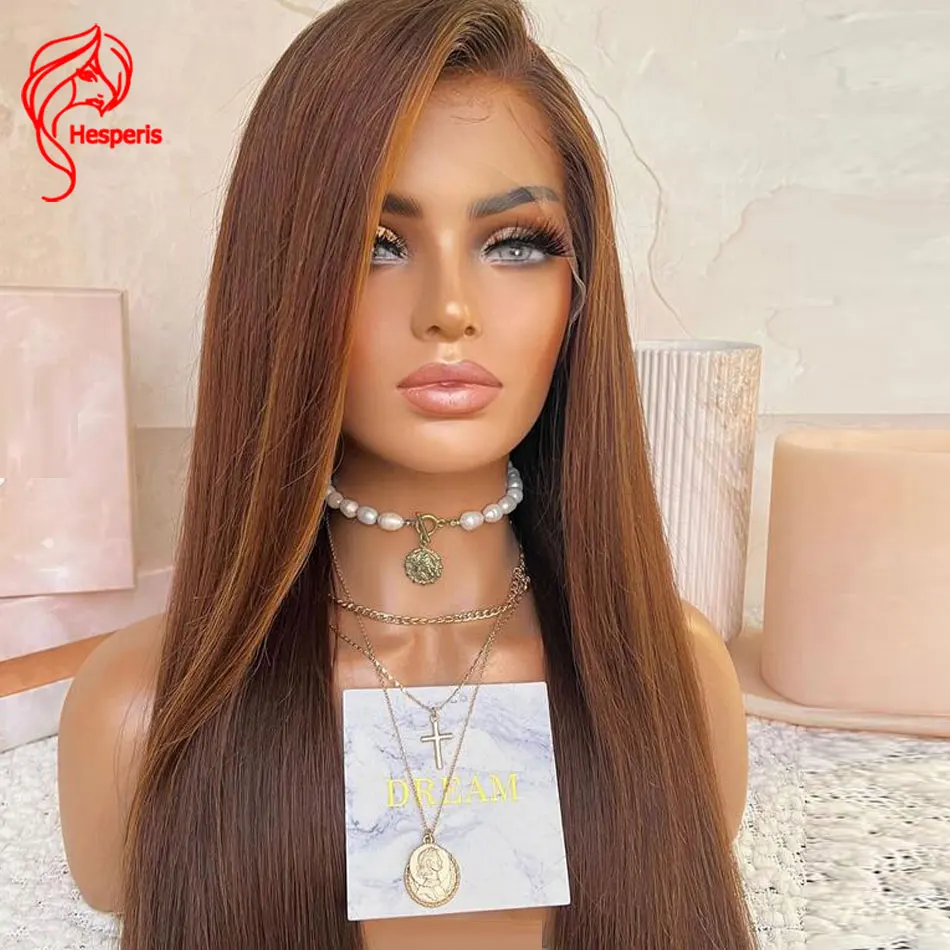 Brown Colored Highlight Human Hair Wigs 13x6 Lace Front Silky Straight Wigs With Side Part Brazilian Brown Lace Wigs Hesperis