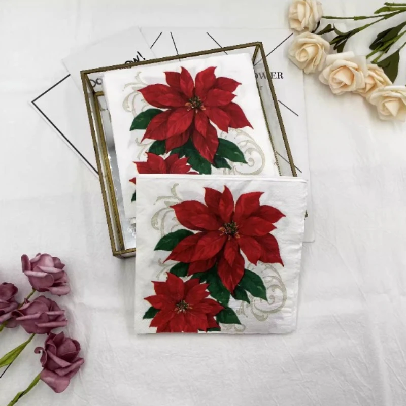 10/20pcs 33 * 33cm 2Layer New Christmas Poinsettia Napkins Party Holiday Table Decoration DIY Decoupage Paper