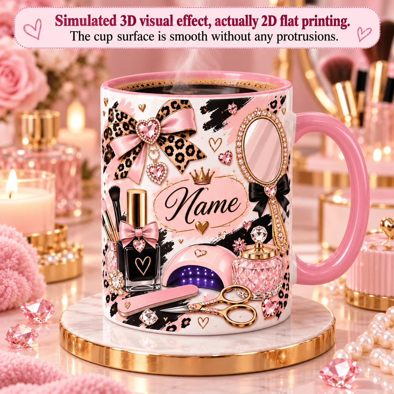 2D Flat Printing 1pc 11oz Personalized Name Leopard Nail Art Mug, Birthday Holiday, Nail Studio, Bestie, Hand Wash Only
