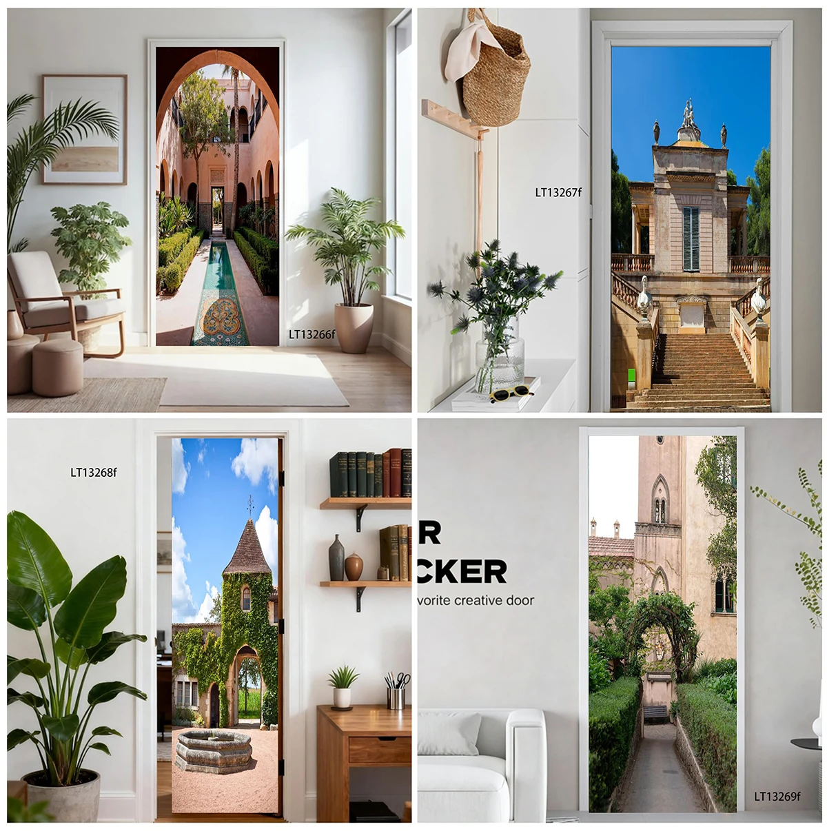 Mediterranean Villa Courtyard Garden Door Sticker Waterproof Self Adhesive Decal Tear Resistant Indoor Home Door Wrap Decor