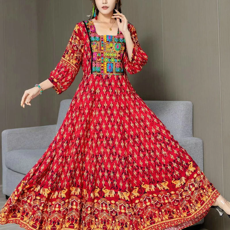 Summer Fashion Temperament Indian Nepalese Thai Ethnic Style Dress Yunnan Xinjiang Qinghai Sanya Tourism Waist Slimming Dress