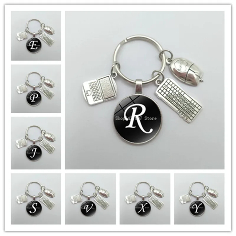 

Hot sale A-Z letter laptop mouse keyboard keychain fashion glass key ring DIY metal bracket jewelry gift