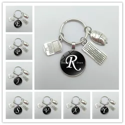 Hot sale A-Z letter laptop mouse keyboard keychain fashion glass key ring DIY metal bracket jewelry gift