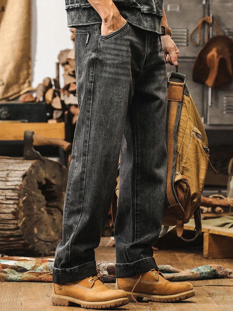 

Мужские джинсы с американским черным камнем в стиле ретро, осень 2024, новая тенденция, свободные прямые повседневные брюки, мужские джинсы из хлопка, полиэстер...