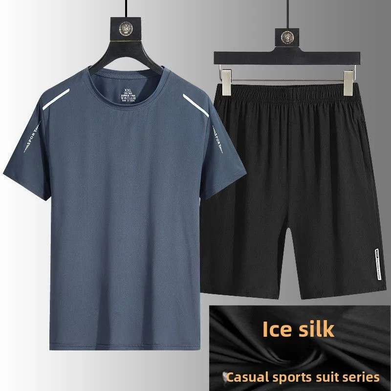 

Ice Silk Qui Dry Thin Men's Summer Casual Sportswear Set ort Sve ort Pants Five Parts Polyester Fiber T-irt orts