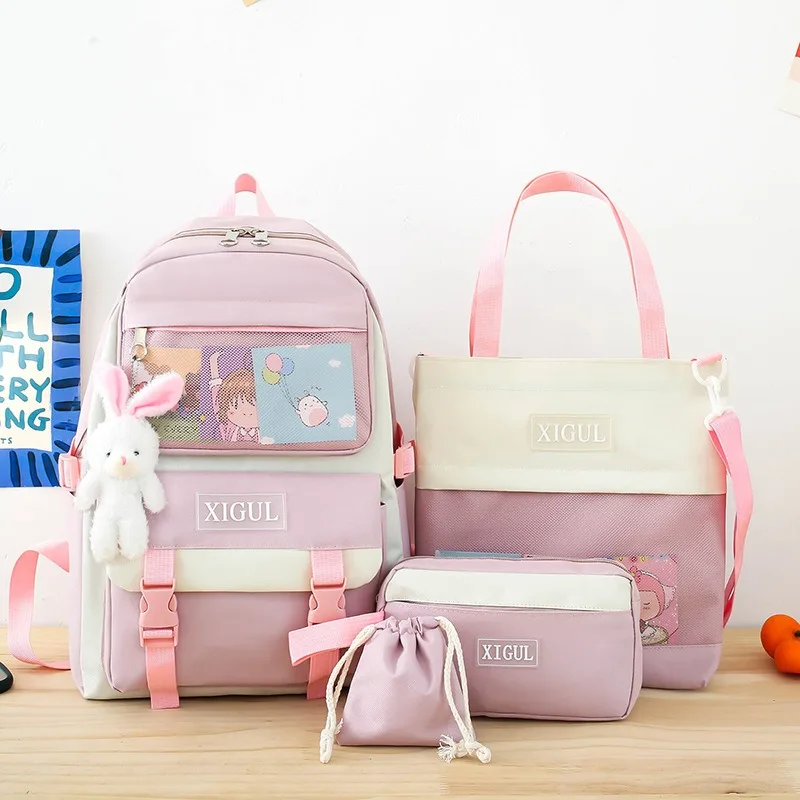 Canvas Student Schoolbag Four Sets Cartoon Handbag Pencil Case Large Capacity Leisure Travel  Shoulder Bag Girls Kawaii Backpack