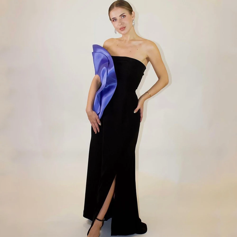 

DRESS RORU One Shoulder Evening Dress Strapless Straight Floor Length Side Slit Jersey Black and Blue Party Gowns Customized