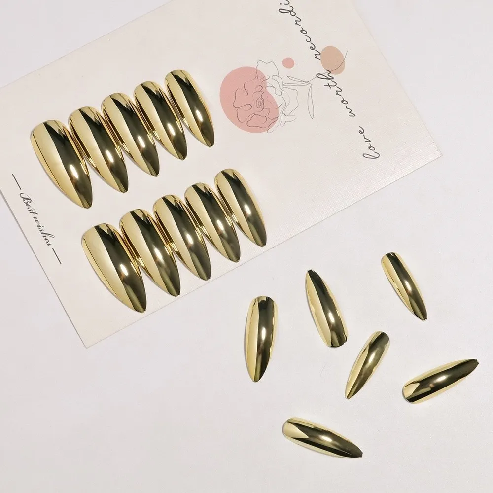 Decorative Finished Detachable Press on Nails Long Length Gold Long Almond Fake Nails Mirror Surface False Nails Summer Fashion
