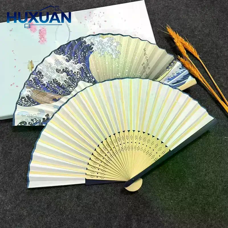 Japanese‑Style Bamboo Folding Hand Fan Wave & Sashimi Print Handheld Fan Nice Photo Prop For Party Home Art Decor Supplies