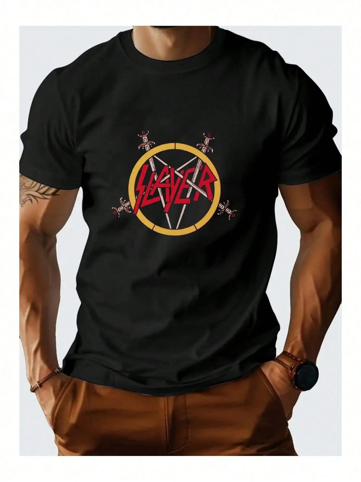 

Мужская футболка с рисунком Slayer Band — 100% хлопок, повседневный круглый вырез, короткий рукав, черный с желтым цветом