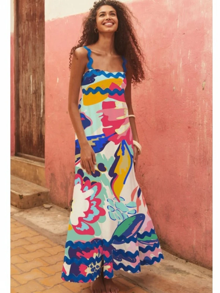 

Summer Cover Ups Women Swimsuit Spaghetti Strap Robes Bathing Suit 2026 New Flower Printing Beach Holiday Maxi Dresses Cover-Up