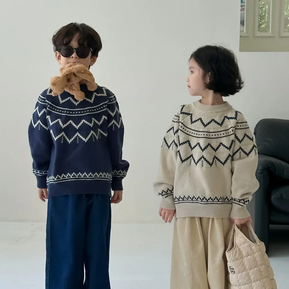 Children's Knitwear 2025 Autumn Womter Korean Baby Girl's Knitted Sweater Wave Knitted Tops Casual Loose Sweater
