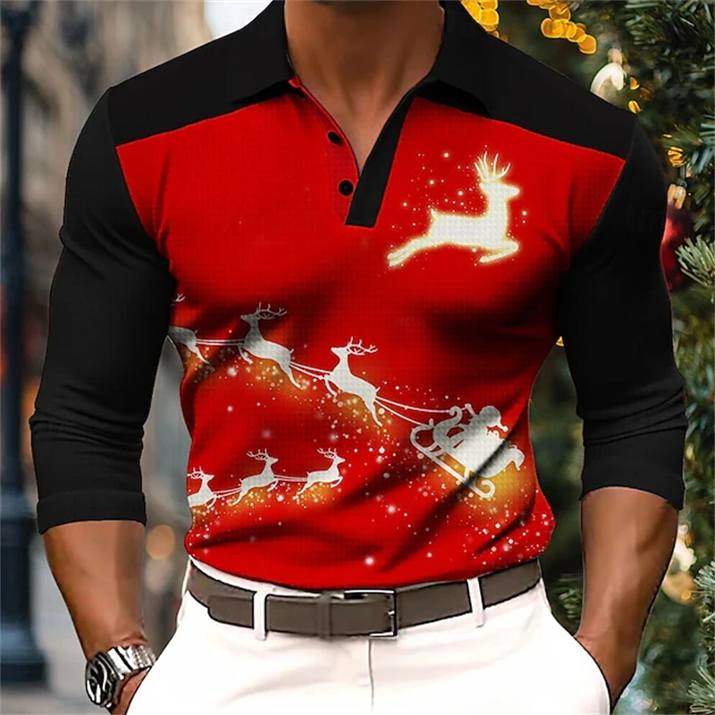 Santa Claus 3d Printed Men's Long Sleeve Polo Shirt Casual Men's Fashion Christmas Golf Shirt Autumn Holiday Party Men Clothing