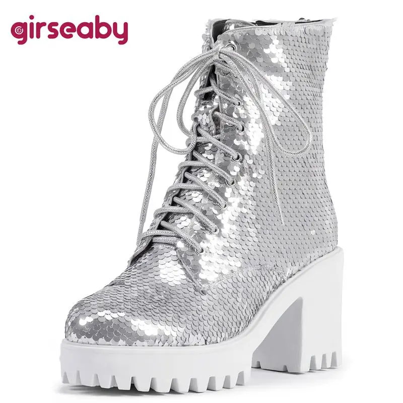 Girseaby Womens Footwear Mid Calf t Curved Toe 8cm Robust Lift Side Zip Laced Up Mixed 3cm Thick Sole Small Big Size 33 42 43