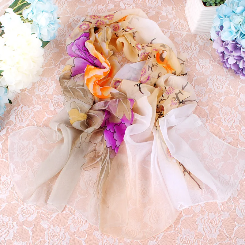 Elegant Beautiful Gradient Peony Chiffon Georgette Bandana Scarf Women Foulard Summer Beach Sunscreen Thin Hijab