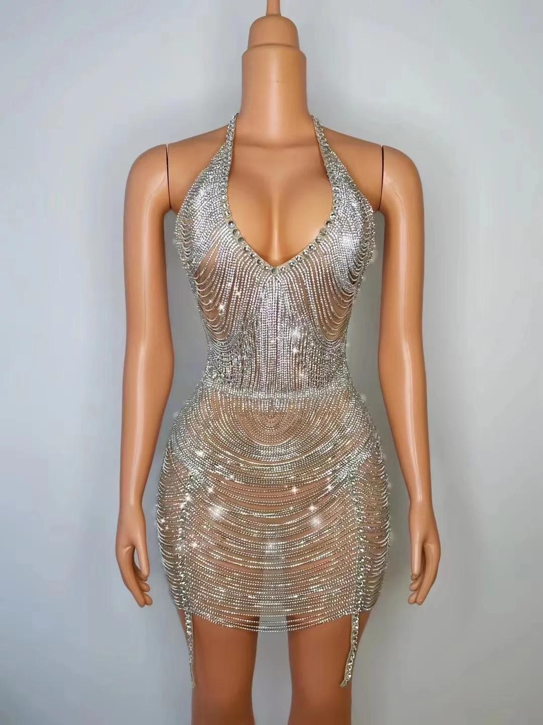 

Dream Party Costume Store StoreSparkly Rhinestones Chains V NeckBacklessShort Dress Sexy Birthday Party Nightclub Outfit