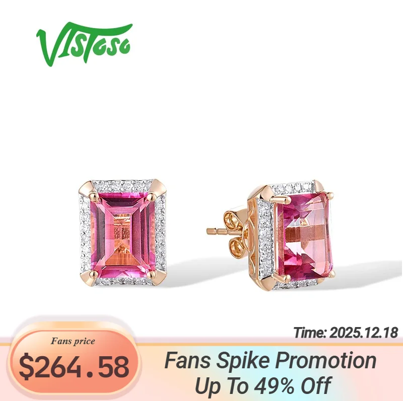 

VISTOSO Pure 14K 585 Rose Solitaire Stud Earrings For Women Sparkling Diamond Pink Topaz Elegant Rectangle Fine Wedding Jewelry