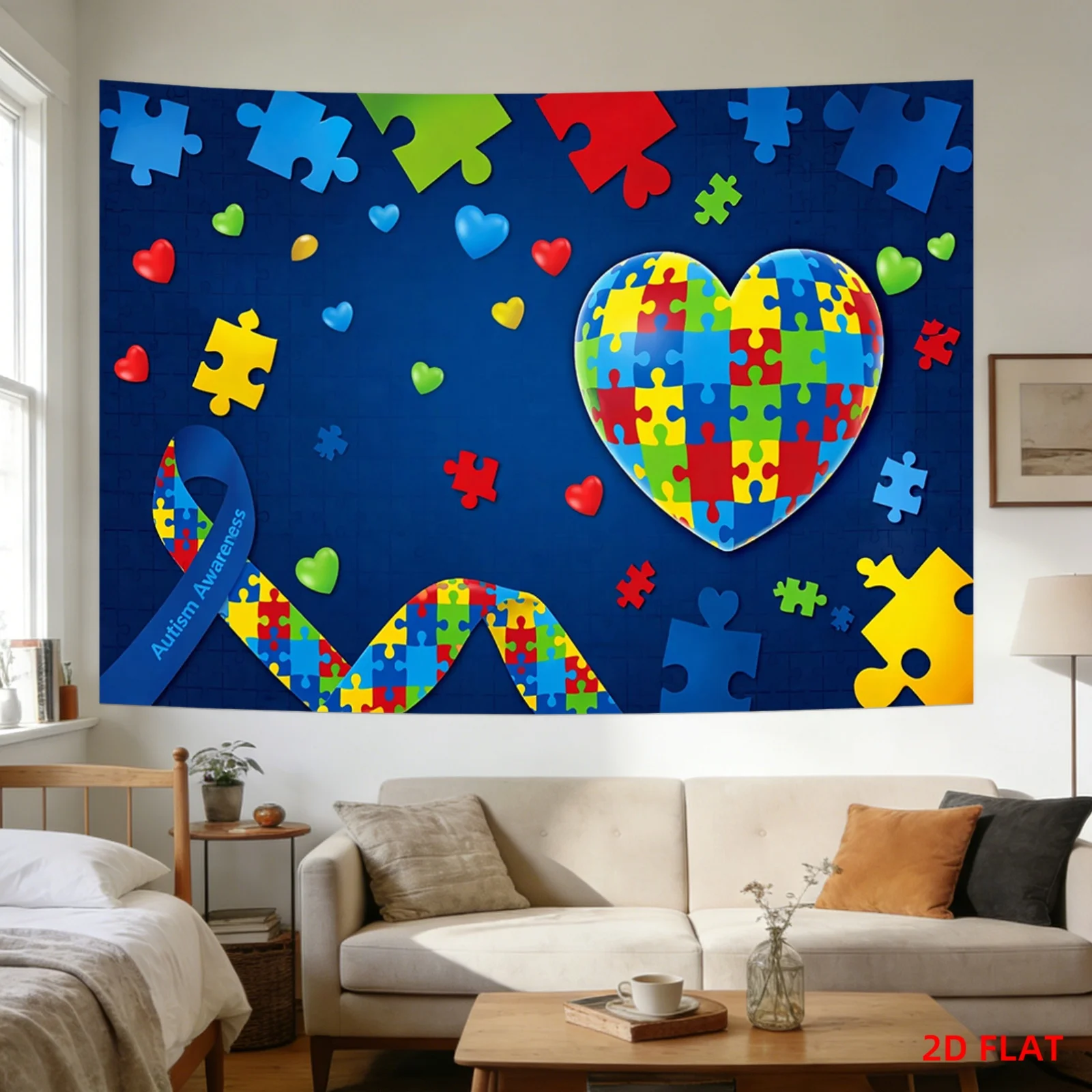 2D Flat,1pc Printed Tapestry, Autism Awareness Puzzle Heart & Ribbon Pattern, Wall Decor, for Living Room,Bedroom